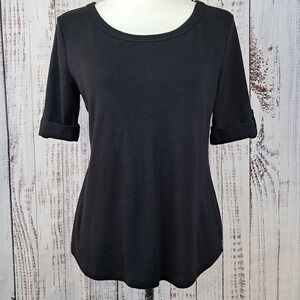 Talbots M Stretch Weekend Tee Black Scoop Neck Roll Tab Sleeve Cotton Coastal